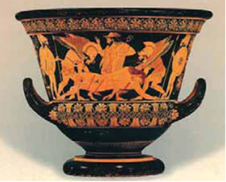 Εικόνα 25. Ο Ύπνος και ο Θάνατος μεταφέρουν τον Σαρπηδόνα. Καλυκοειδής κρατήρας του ζωγράφου Ευφρονίου, γύρω στο 510 π.Χ. Μητροπολιτικό Μουσείο της Νέας Υόρκης (αντίγραφο).