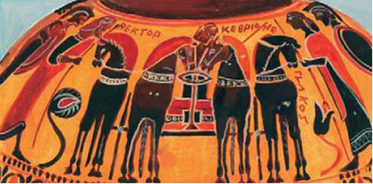 Εικόνα 28. Ο Κεβριόνης πάνω στο άρμα. Τον πλαισιώνουν ο Έκτορας και ο Γλαύκος. Μελανόμορφη υδρία, 575-550 π.Χ. 