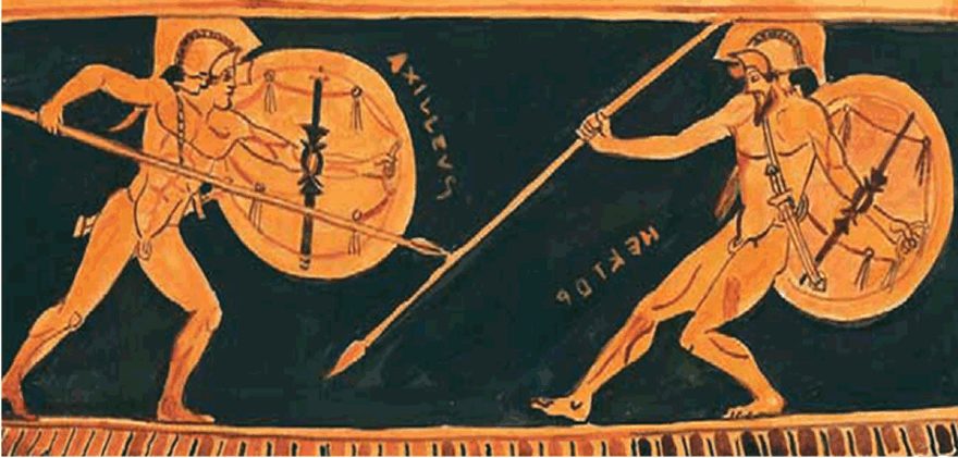 Εικόνα 36. Μονομαχία Έκτορα και Αχιλλέα. Ερυθρόμορφος κρατήρας, περίπου 490 π.Χ. Λονδίνο, Βρετανι¬κό Μουσείο (αντίγραφο).