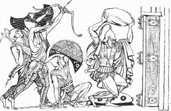 Εικόνα 24. Ο Έκτορας ρίχνει μεγάλη πέτρα σε μία πύλη του αχαικού τείχους. Αντίγραφο απο βουργαρική εικονογραφημένη Ιλιάδα