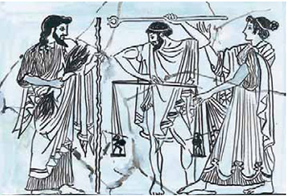 Εικόνα 34. Ο Δίας ζυγίζει τη μοίρα των δύο ηρώων (ψυχοστασία). Χαλκογραφία του 1869 (αντίγραφο).