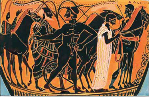 Εικόνα 42. Ετοιμασία του άρματος του Πρίαμου. Μελανόμορφη υδρία, 520-510 π.Χ. Μαδρίτη, Εθνικό Αρχαιολογικό Μουσείο (αντίγραφο).