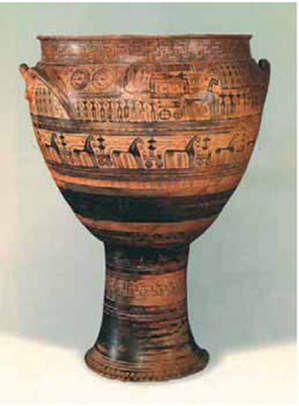 Εικόνα 46. Μνημειακός κρατήρας από το Δίπυλο του Κεραμεικου. Στην κύρια ζώνη εικονίζεται η εκφορά του νεκρού πάνω σε άμαξα, 740 π.Χ. Αθήνα, Εθνικό Αρχαιολογικό Μουσείο.