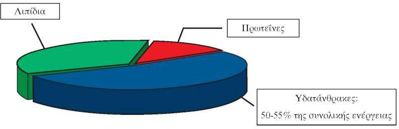 Σχ. 5.3 Οι υδατάνθρακες πρέπει να καλύπτουν το 50-55% των θερμίδων που καταναλώνει ένας ενήλικας. Τα πρόσθετα σάκχαρα (σε γλυκά και αναψυκτικά) δε θα πρέπει να καλύπτουν περισσότερο από το 25% των συνολικών θερμίδων