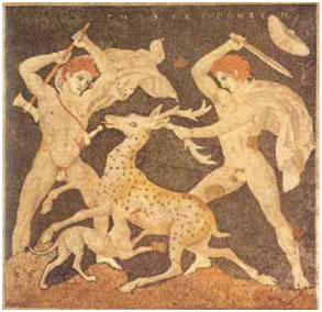 1. «Το κυνήγι του ελαφιού», βοτσαλωτό δάπεδο από την Πέλλα, 330 π.Χ.