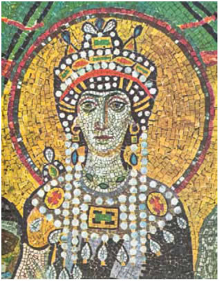 4. «Η Αυτοκράτειρα Θεοδώρα», ψηφιδωτό από το ναό Σαν Βιτάλε στη Ραβένα, 6ος αι. (λεπτομέρεια).