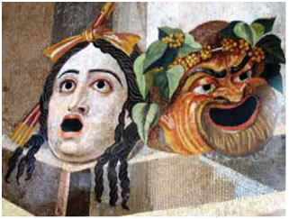 10. «Οι μάσκες της τραγωδίας και της κωμωδίας», ψηφιδωτό από τη βίλα του Αδριανού στο Τίβολι κοντά στη Ρώμη, 2ος αι.