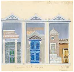 14. Βακαλό, ζωγραφική μακέτα σκηνικού για το έργο «Ιππής» του Αριστοφάνη, Εθνικό Θέατρο, Επίδαυρος, 1968. Ο ζωγράφος Γιώργος Βακαλό στο σκηνικό του συνδυάζει την αρχιτεκτονική κατασκευή με το ζωγραφικό διάκοσμο σε μια σχετικά περιορισμένη χρωματική κλίμακα.