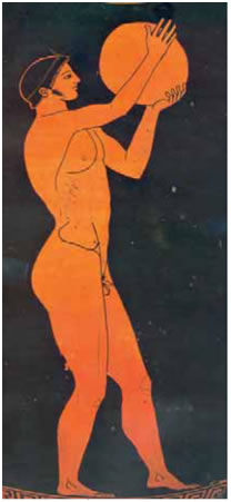 15. «Ο δισκοβόλος κατά την αρχική αιώρηση»,  λεπτομέρεια από ελληνικό ερυθρόμορφο αγγείο, 5ος αι. π.Χ. Η μορφή είναι σχεδιασμένη με γραμμές και το χρώμα είναι επίπεδο (πλακάτο).