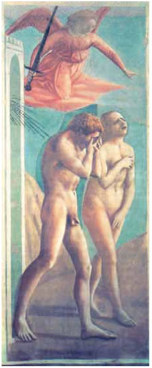 16. Μαζάτσιο, «Η εκδίωξη από τον παράδεισο», 1427. Από τις πρώτες προσπάθειες που έγιναν στην Αναγέννηση για να αποδοθεί ο όγκος της ανθρώπινης μορφής με την τονική διαβάθμιση του ίδιου χρώματος.