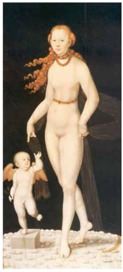 17. Κράναχ, «Αφροδίτη και Έρωτας», 16ος αι. Οι όγκοι στο γυναικείο γυμνό και το μικρό έρωτα πλάθονται με λίγους απαλούς τόνους. Οι μορφές προβάλλονται εξαιτίας της φωτεινότητάς τους σε σχέση με το σκούρο φόντο.