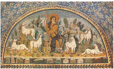 1. «Ο Καλός Ποιμένας», ψηφιδωτό από το μαυσωλείο της Γάλα Πλακίδια στη Ραβένα, 425. 