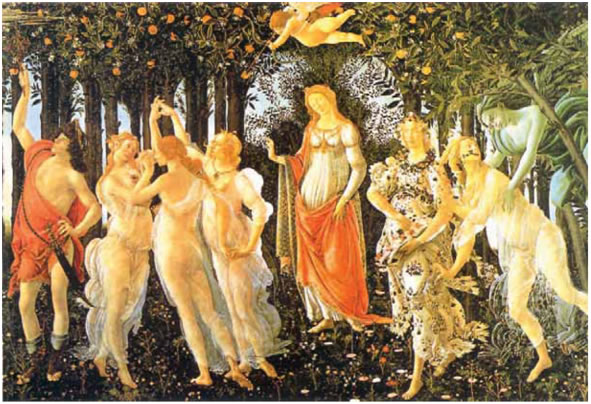 3. Μποτιτσέλι, «Η Άνοιξη», 1482, τέμπερα σε ξύλο, 2,03x3,15 μ., στο μουσείο Ουφίτσι στη Φλωρεντία.
