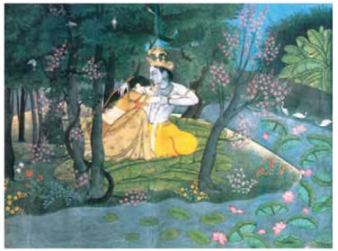 36. «Ο Θεός Κρίσνα και το σύμβολο σε ένα δάσος», 1780 μ.Χ. Με τη ζωγραφική, σε τοιχογραφίες ή σε χαρτί, απεικονίζονται οι περιπέτειες των θεών ή η ζωή της αυλής, με καθαρές γραμμές και έντονα χρώματα.