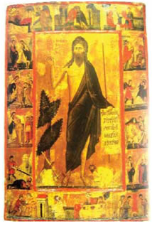 15. «Ο Άγιος Ιωάννης ο Πρόδρομος με σκηνές του βίου του» από τη μονή της Αγίας Αικατερίνης Σινά, 13ος αι. Η βασική μορφή τοποθετείται στο κέντρο και πλαισιώνεται περιμετρικά από 14 μικρές σκηνές της ζωής του.