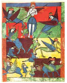 28. «Ο σατανάς και οι ακρίδες» από εικονογράφηση του βιβλίου της Αποκάλυψης του Αγίου Σεβήνου, 11ος αι. 