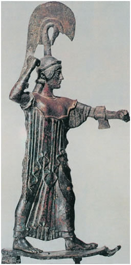 Η Αθηνά Πρόμαχος (χάλκινο αναθηματικό αγαλμάτιο,480-470 π.Χ., Εθνικό Αρχαιολογικό Μουσείο Αθήνας)