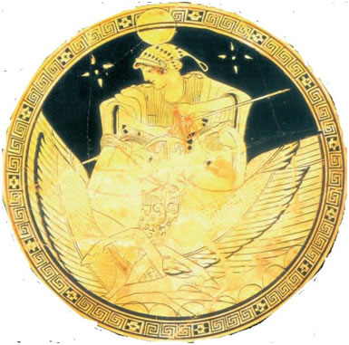 Η Σελήνη ταξιδεύει πάνω από τα κύματα με το άρμα της, που το σέρνουν δύο φτερωτά άλογα (εσωτερικό ερυθρόμορφης κύλικας, 490 π.Χ., Staatliche Museen, Βερολίνο).