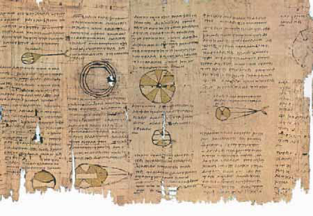 Αστρονομικός πάπυρος του 2ου αι. π.Χ. Περιέχει τμήμα αστρονομικής πραγματείας με σχέδια που αναφέρονται στις κινήσεις των πλανητών, στους αστερισμούς κτλ. (λεπτομέρεια, Παρίσι, Μουσείο Λούβρου).