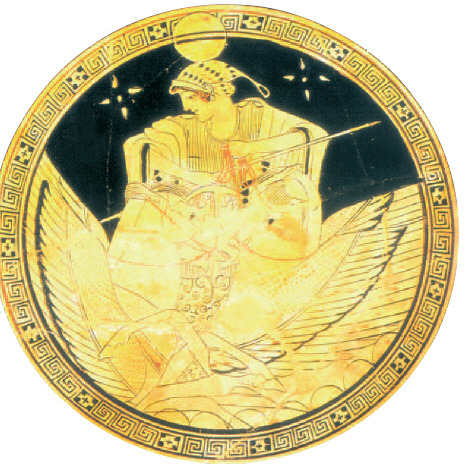 Η Σελήνη ταξιδεύει πάνω από τα κύματα με το άρμα της, που το σέρνουν δύο φτερωτά άλογα (εσωτερικό ερυθρόμορφης κύλικας, 490 π.Χ., Staatliche Museen, Βερολίνο).