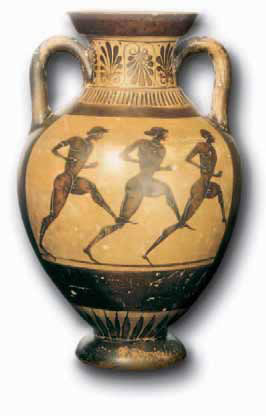 Παράσταση δόλιχου δρόμου (ατ¬τικός μελανόμορ-φος αμφορέας, 500 π.Χ., Αρχαιoλογικό Μουσείο Ρόδου)