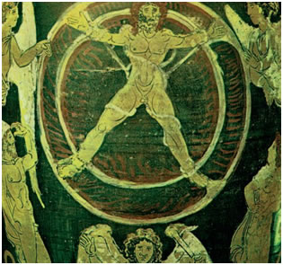 Δεμένος στον πύρινο τροχό, ο Ιξίων, ο βασιλιάςτων Λαπιθών, πληρώνει την αχαριστία του απέναντι στους θεούς. Στο πρόσωπό του φαίνεται η οδύνη από τη φωτιά και τα δαγκώματα των φιδιών που τον τυλίγουν (αμφορέας, περ. 330-320 π.Χ., Staatliche Museen, Βερολίνο).