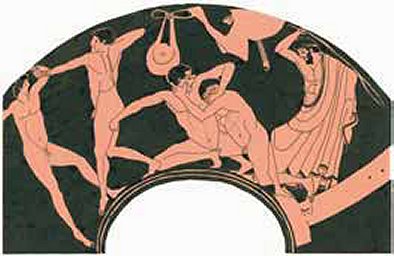 Νέοι ασκούνται στην πυγμαχία (αριστερά) και στο παγκράτιο (κέντρο).