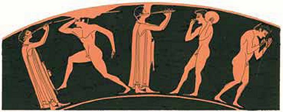 Αθλητές (ακοντιστής, δισκοβόλος, πυγμάχος) ασκούνται υπό τους ήχους του αυλού