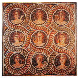 AΟι εννέα Μούσες. Ψηφιδωτό από την Κω. Παλάτι του Μεγάλου Μαγίστρου, Ρόδος.