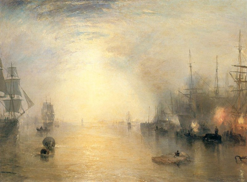 24. Τέρνερ, «Ξεφόρτωμα κάρβουνου στο σεληνόφως», 1835. Στα τοπία του Τέρνερ το θέμα είναι το ίδιο το φως, που «διαλύει» οτιδήποτε συμπαγές μέσα στην φύση και κάνει τον πίνακα μαγικό.