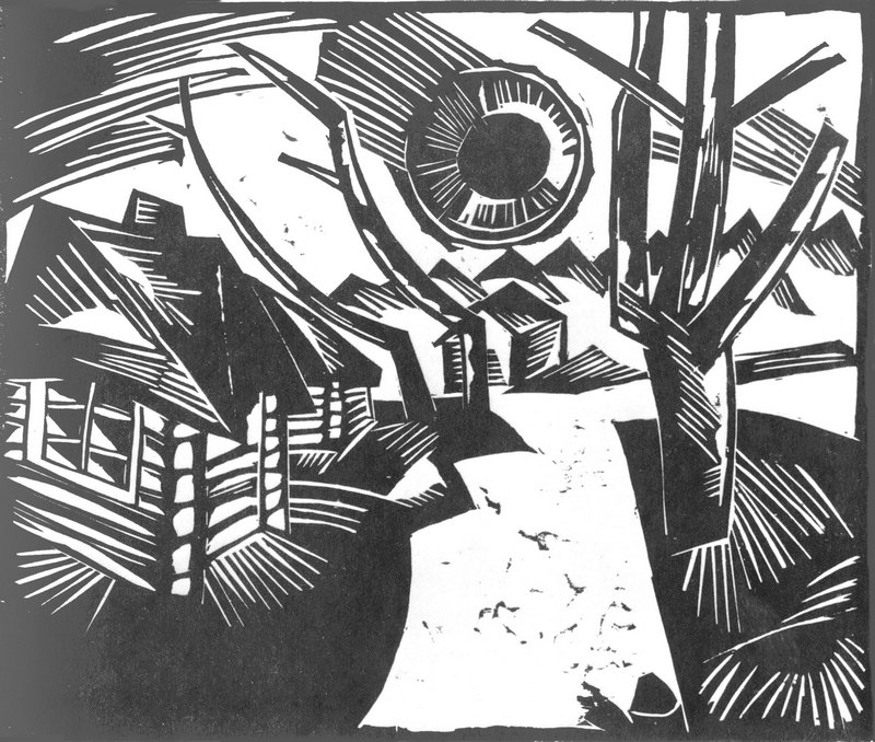 13. Ρότλουφ, «Ρωσικό τοπίο με ήλιο», 1919, ξυλογραφία. Τα άσπρα και μαύρα επίπεδα και οι παράλληλες γραμμές, που στην χαρακτική δημιουργούν τους γκρίζους τόνους ανάλογα με το πάχος και την πυκνότητά τους, λειτουργούν περισσότερο ρυθμικά και λιγότερο διαχωρίζουν τα επίπεδα και αποδίδουν τους όγκους.