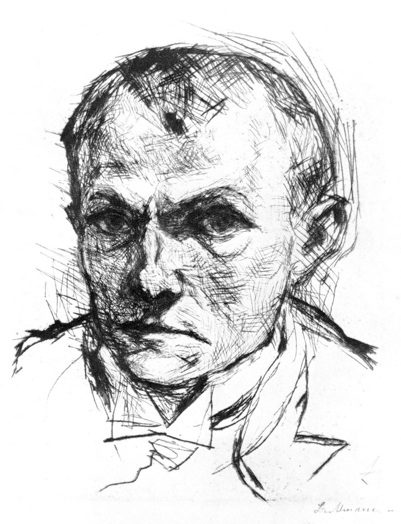 14. Μαξ Μπέκμαν, «Αυτοπροσωπογραφία», 1914, οξυγραφία. Στο πορτρέτο αυτό οι τόνοι, που αποδίδουν τον όγκο του κεφαλιού, δημιουργούνται με τις χαραγμένες γραμμές που είναι πυκνές ή αραιές και διασταυρώνονται.