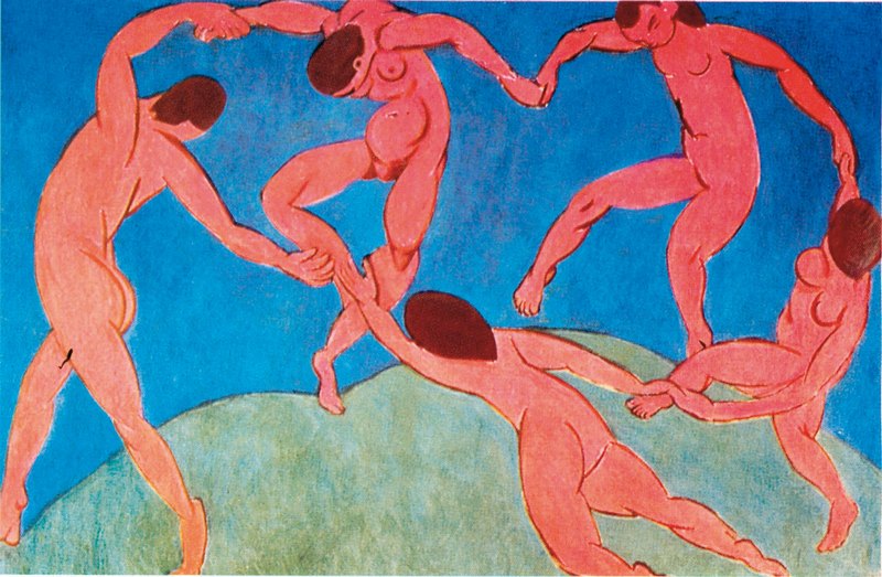 16. Ματίς, «Ο χορός», 1910. Η χορευτική κίνηση αποδίδεται με το ρυθμό στις καμπύλες των χεριών και των σωμάτων αλλά και με την επανάληψη στο χρώμα.