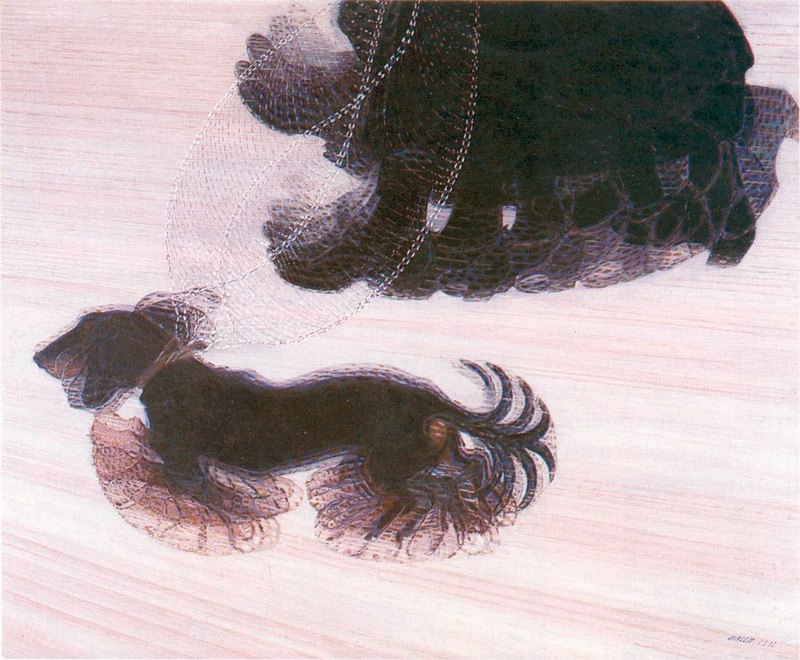 18. Μπάλα, «Ο δυναμισμός ενός σκύλου με λουράκι», 1914. Με τη ρυθμική επανάληψη στα πόδια και την ουρά καταγράφεται η οπτική αντίληψη της κίνησης που αποτυπώνεται στον χώρο, από ένα χρονικό σημείο μέχρι κάποιο άλλο.