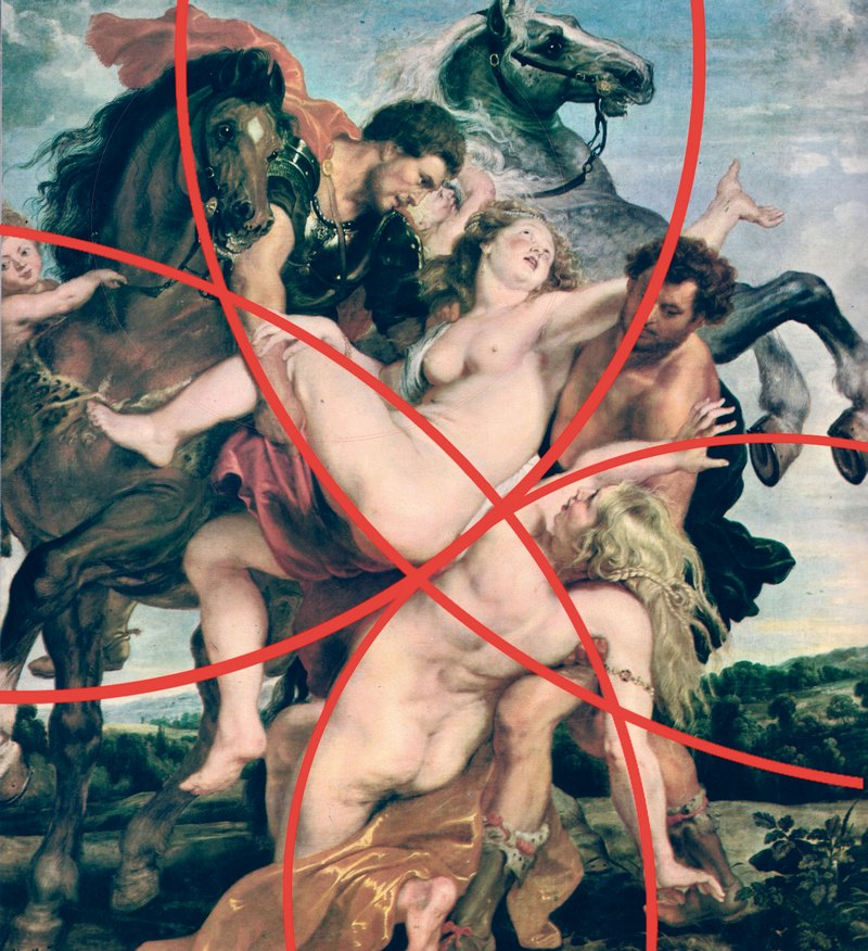 27. Ρούμπενς, «Η αρπαγή των θυγατέρων του Λεύκιππου­», 1618. Οι καμπυλωτοί άξονες της σύνθεσης στηρίζονται στο αφηγηματικό στοιχείο με επίκεντρο την περιοχή όπου σμίγουν τα δυο γυναικεία σώματα, δημιουργώντας μια βίαιη κίνηση, σύμφωνη με το θέμα του έργου.