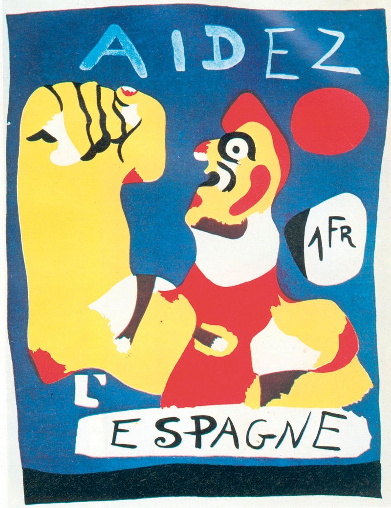 36. Μιρό, «Βοηθείστε την Ισπανία», 1937. Η αφίσα του Ισπανού ζωγράφου Χουάν Μιρό (1893-1983) εμπεριέχει συμβολισμούς και μηνύματα αλλά μοιάζει και πολύ με τα ζωγραφικά του έργα.