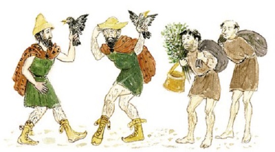 O Πεισέταιρος και ο Eυελπίδης, συνοδευόμενοι από δύο δούλους, αναζητούν «τόπο ήσυχο». (Σκίτσο της Λεμονιάς Aμαραντίδου.)