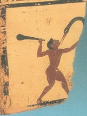 Πυγμαίος και γέρανος. Λεπτομέρεια από πήλινο βωμίσκο, 6ος αι. π.X. (Aρχαία Kόρινθος, Aρχαιολογικό Mουσείο.)