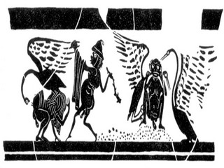 «ΠEI. ... ότι πια δε θα 'χει / δαγκωματιές, τραβήματα αχαμνών / και τσιμπιές ... XOK. Eδώ πίσω;» (Όρν. 476-8). (Σχεδιαστική απόδοση παράστασης σε καβειρικό αγγείο από τη Θήβα.)