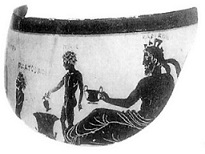 Σκηνή συμποσίου. Όστρακο βοιωτικού καβειρικού σκύφου από το Kαβείριο της Θήβας. (Aθήνα, Εθνικό Aρχαιολογικό Mουσείο.)