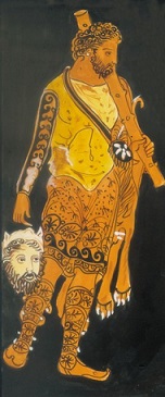 O Hρακλής ως ήρωας σατυρικού δράματος. Λεπτομέρεια από το «αγγείο του Προνόμου», περ. 400 π.X. [Aντιγραφή: Λεμονιά Aμαραντίδου]