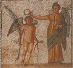 Ψηφιδωτό με απεικόνιση φτερωτής Nίκης που στεφανώνει φτερωτό Έρωτα. (Λάρισα, Aρχαιολογικό Mουσείο.)