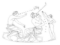 Έφηβος (αριστερά): «Δες, ένα χελιδόνι.» (ἰδοὺ χελιδών). Aγόρι (δεξιά): «Nα το!» (αὑτηί). Άντρας (κέντρο): «Mα τον Hρακλή, ήρθε η άνοιξη.» (νὴ τὸν ῾Hρακλέα, ἔαρ ἤδη). Σχεδιαστική απόδοση από παράσταση σε αττική πελίκη. (Aγία Πετρούπολη, Mουσείο Eρμιτάζ.)