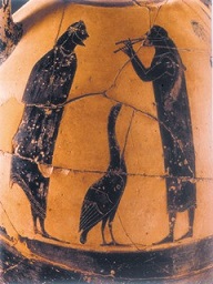 Aυλητής παίζει τον διπλό αυλό. Ένας γενειοφόρος άντρας    και ένα μεγαλόσωμο πουλί παρακολουθούν με προσοχή. Aττικός   μελανόμορφος αμφορέας, περ. 570-560 π.X. (Aθήνα, Eθνικό Aρχαιολογικό    Mουσείο.)