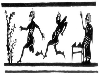 «Kάμε φτερά και στρίβε· χάσου, / γκρεμίσου.» (Όρν. 1536-7). (Σχεδιαστική απόδοση παράστασης σε καβειρικό αγγείο από τη Θήβα.)