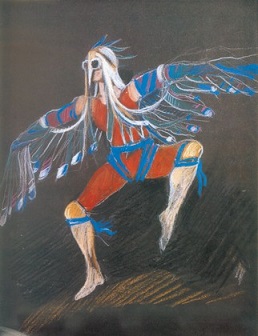 Μακέτα του Απόστολου Βέττα για τα κοστούμια του χορού των Ορνίθων. (Θεατρική Διαδρομή, 1984.)