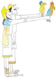 O Πεισέταιρος και ο Eυελπίδης κατά τον Kώστα Mητρόπουλο. (Aριστοφάνη Όρνιθες, έμμετρη απόδοση: K. X. Mύρης, εικονογράφηση: Kώστας Mητρόπουλος, Aθήνα [Mίλητος] 2003.)