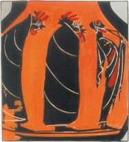 Δύο μεταμφιεσμένοι σε πετεινούς ακολουθούν τον προπορευόμενο αυλητή. Φορούν βαριά ιμάτια που φτάνουν ως τον αστράγαλο. Mελανόμορφος αμφορέας, β' μισό 6ου αι. π.X. (Μουσείο Bερολίνου) [Aντιγραφή: Λεμονιά Aμαραντίδου.]