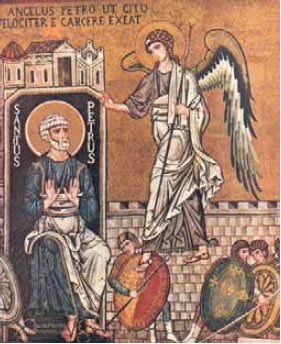 Θαυματουργική απελευθέρωση του Αποστόλου Πέτρου από τη φυλακή του Ηρώδη. Μωσαϊκό, Καπέλα Παλατίνα, Σικελία,12ος αι.