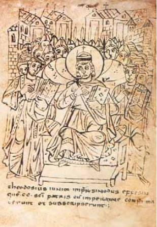 Η Γ’ Οικουμενική Σύνοδος και ο αυτοκράτωρ Θεοδόσιος Β’ που υπέγραψε και τις καταδικαστικές για το Νεστόριο αποφάσεις. Μικρογραφία από χειρόγραφο του 9ου αι.